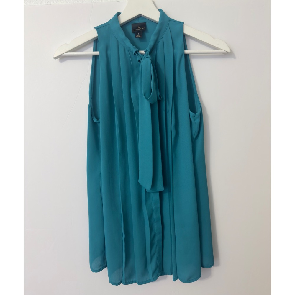Worthington Teal Sleeveless Tie-Neck Blouse